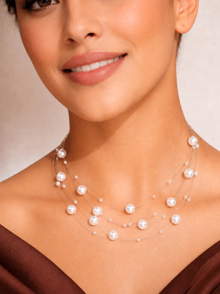 Peora Pearl Symphony Layer Necklace - Silver