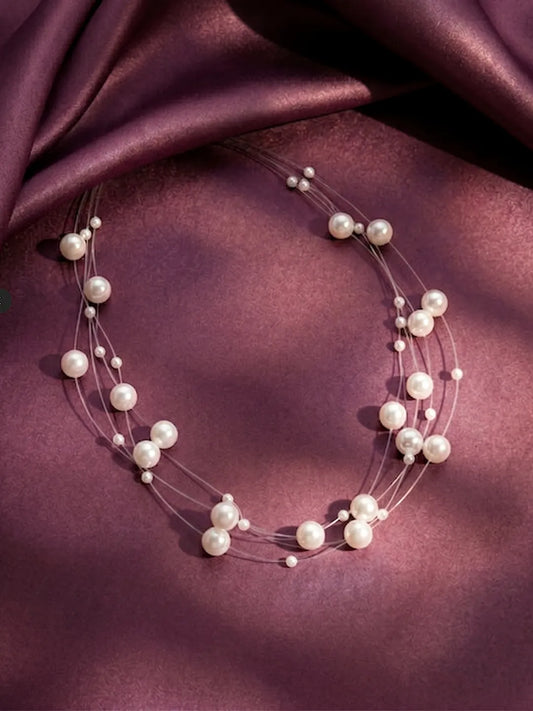 Peora Pearl Symphony Layer Necklace - Silver