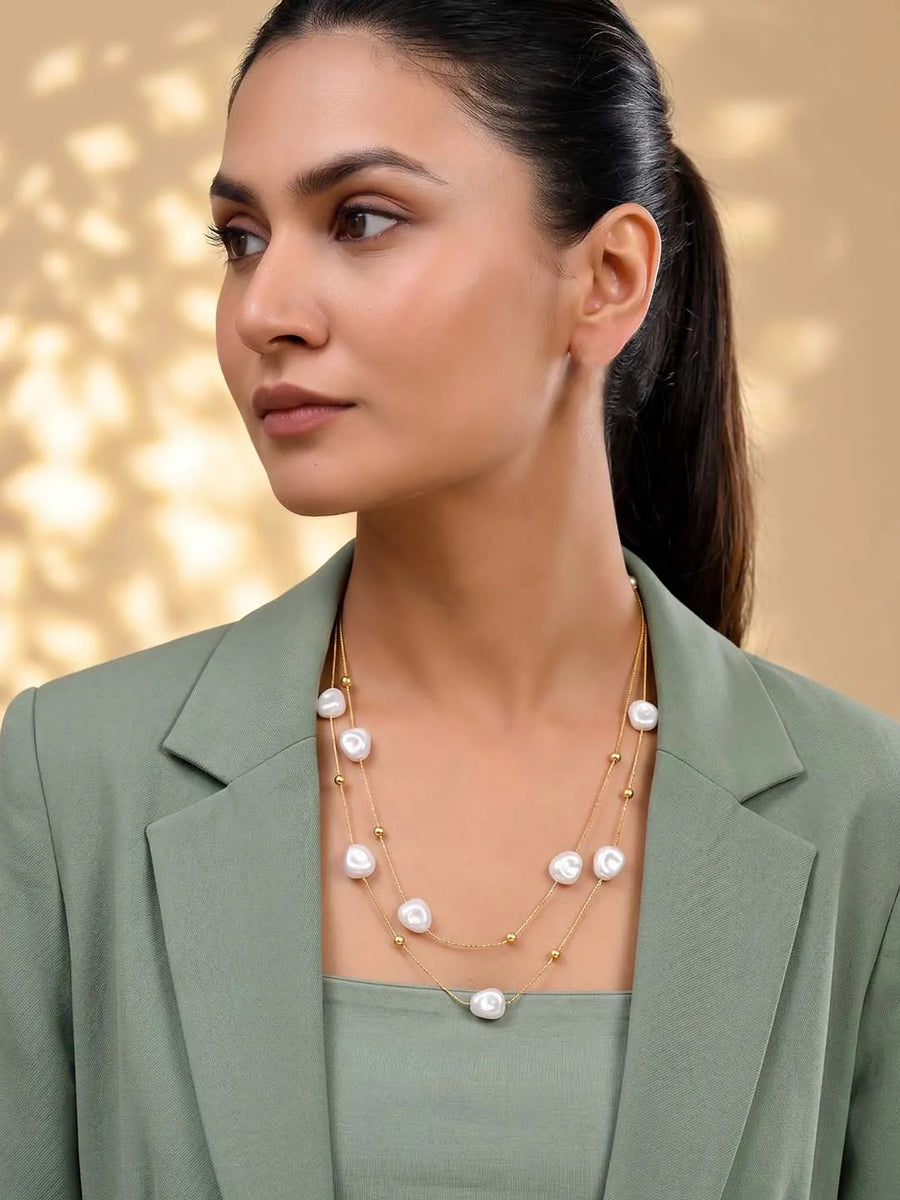Gold Plated Baroque Pearl Layered Necklace