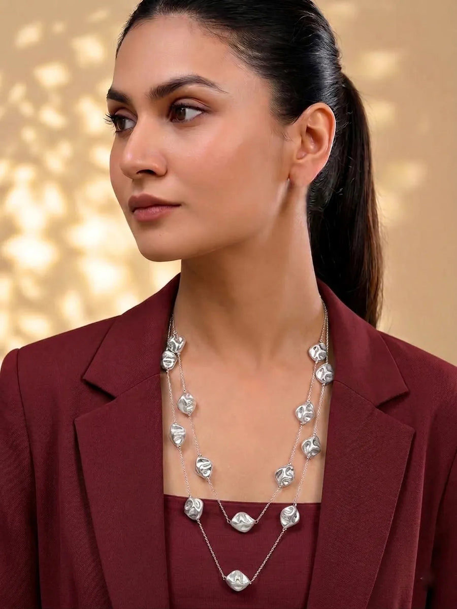 Rhodium Plated Baroque Pearl Layered Necklace