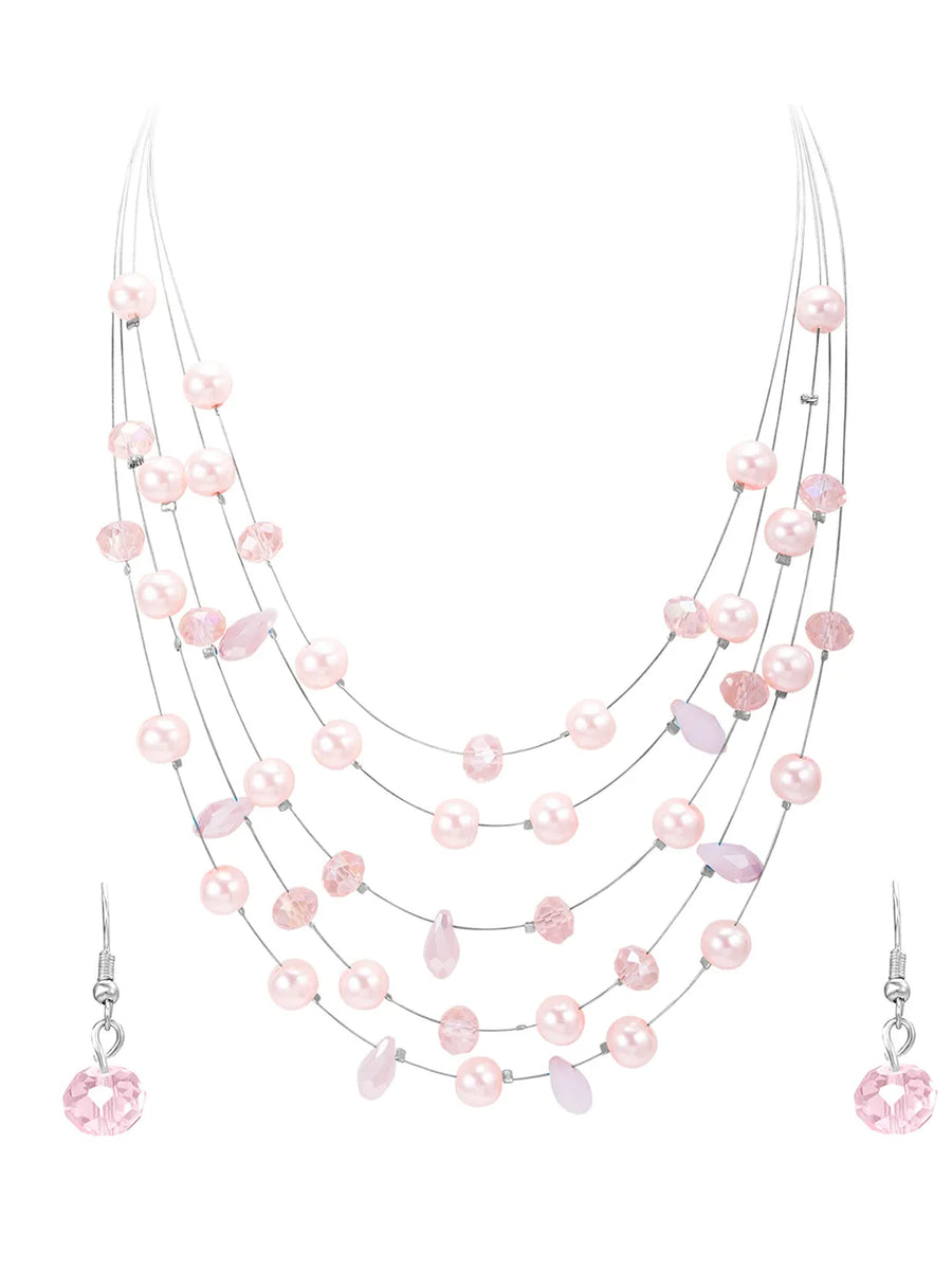 Rhodium Plated Pink Pearl Layered Necklace