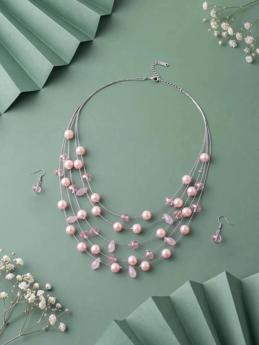 Rhodium Plated Pink Pearl Layered Necklace