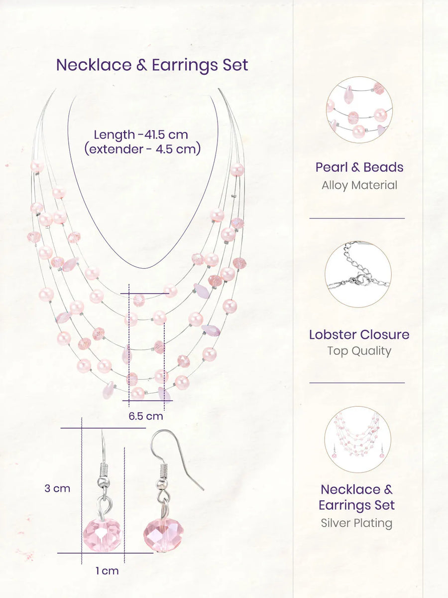Rhodium Plated Pink Pearl Layered Necklace