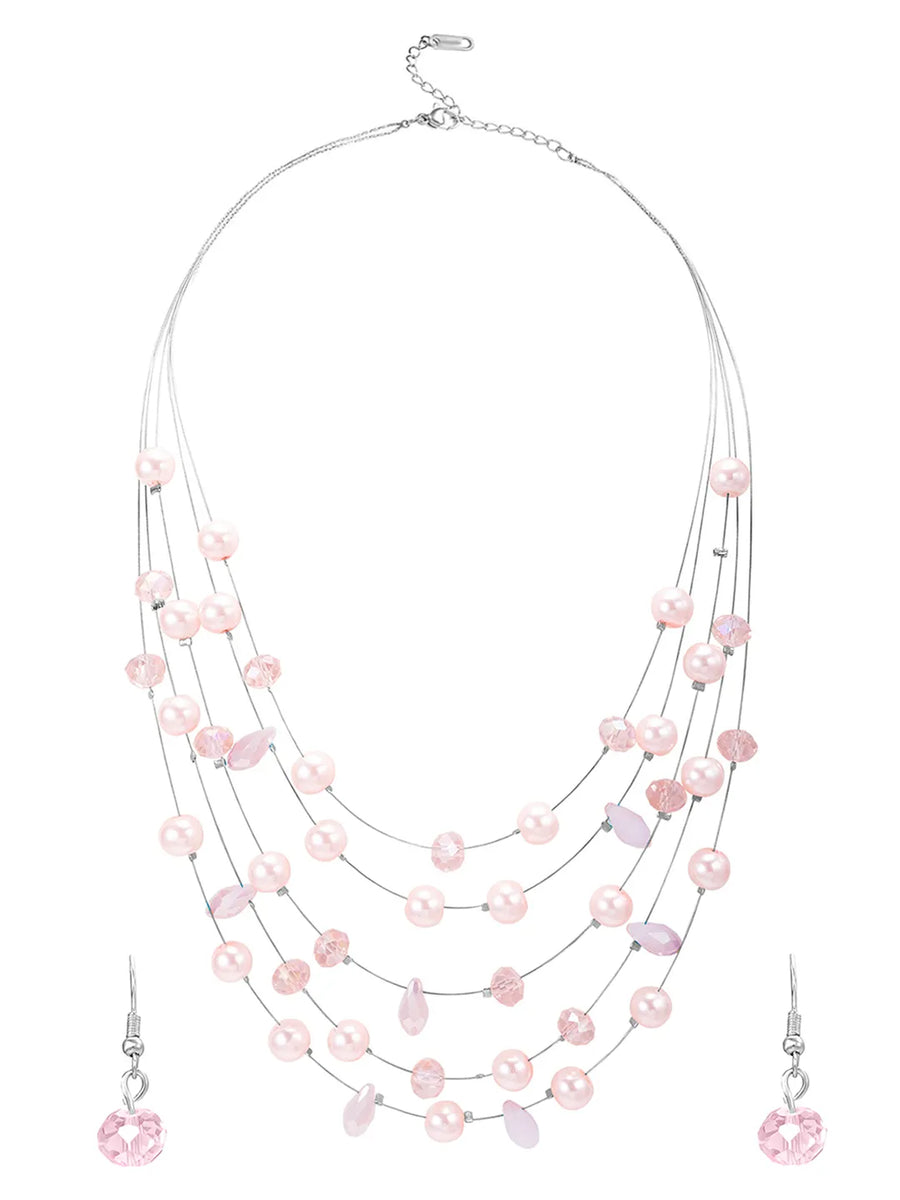 Rhodium Plated Pink Pearl Layered Necklace