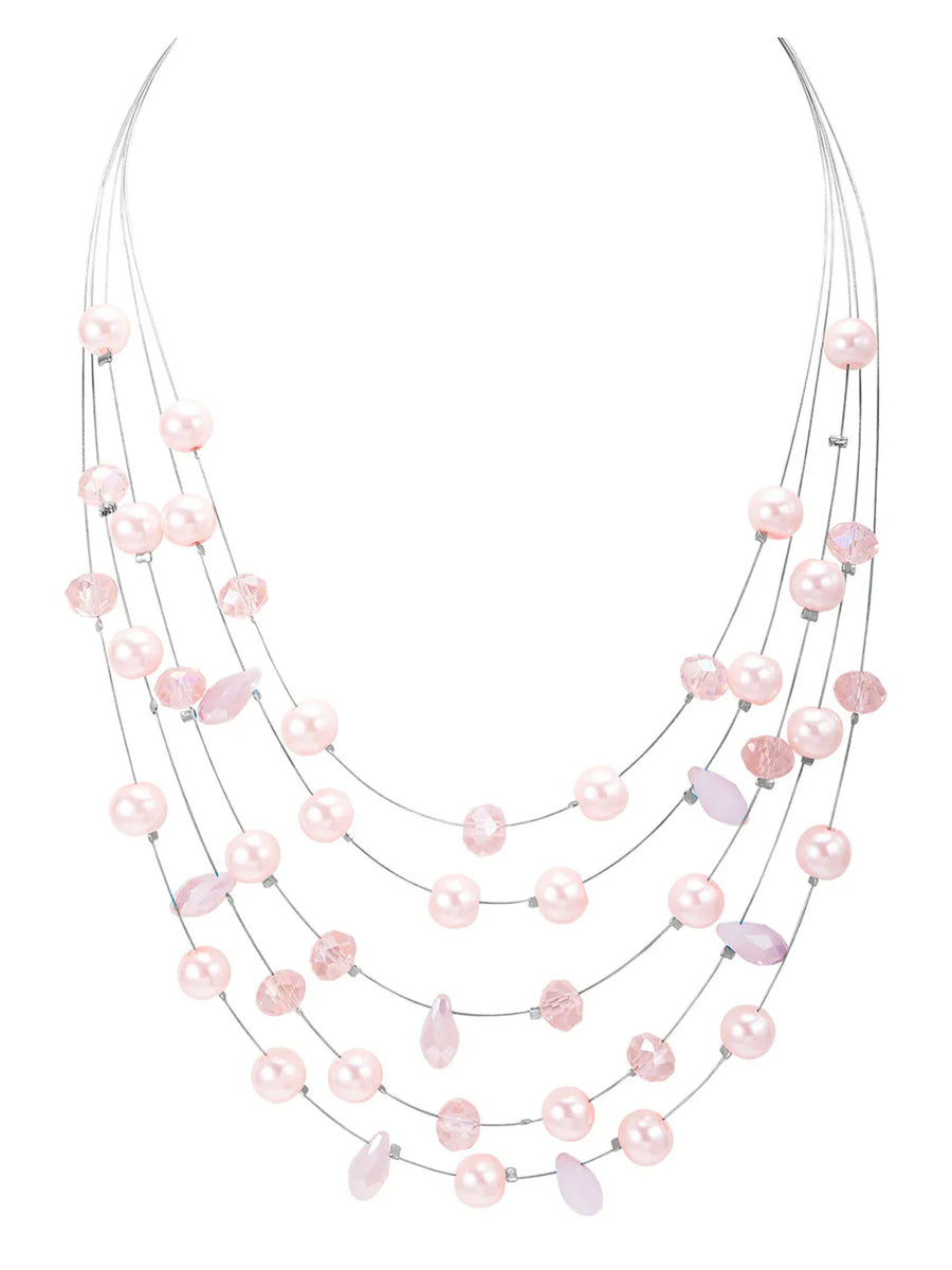 Rhodium Plated Pink Pearl Layered Necklace