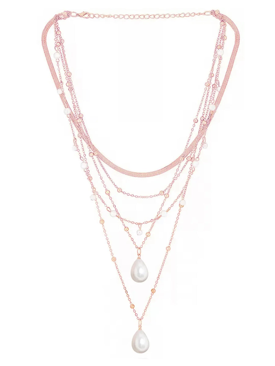 Rose Gold Layered Pearl Drop Necklace