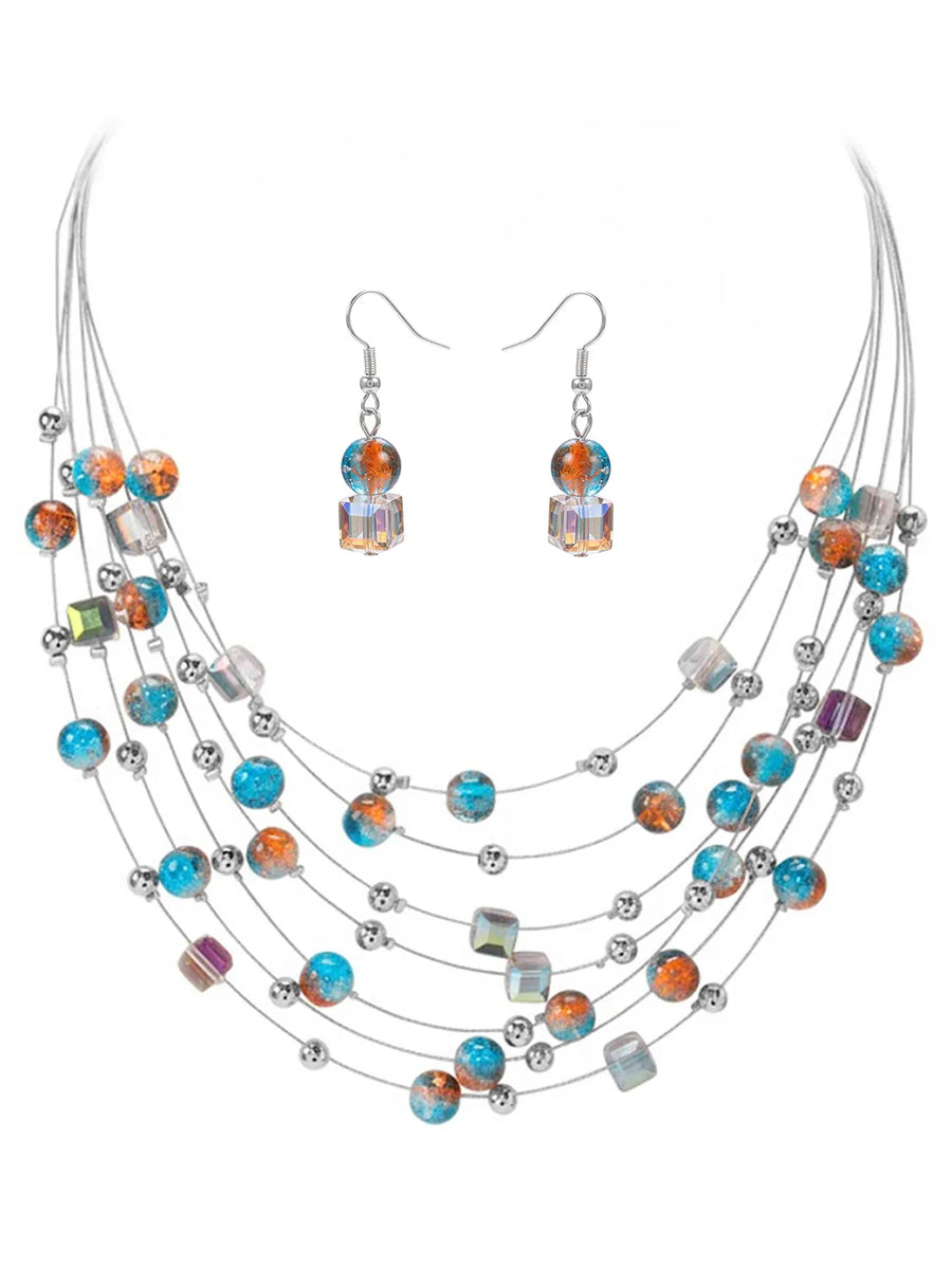 Peora Multicolor Cascade Necklace Set - Silver