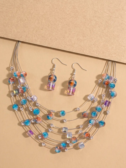 Peora Multicolor Cascade Necklace Set - Silver