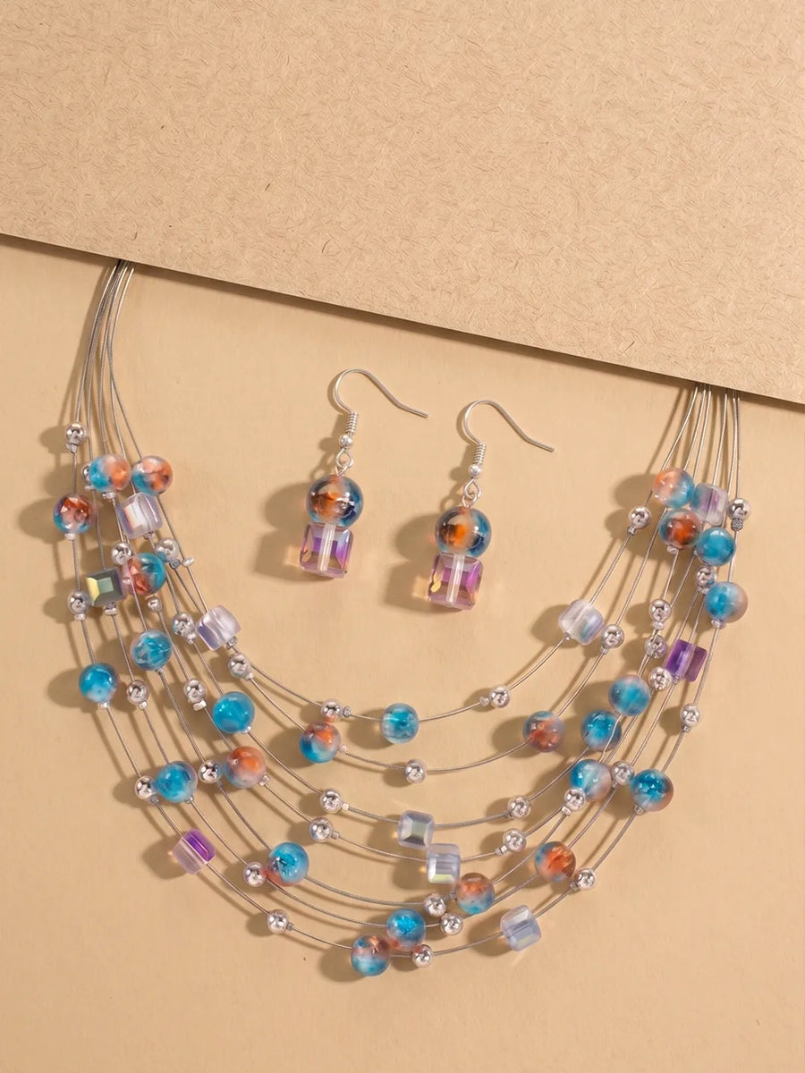 Peora Multicolor Cascade Necklace Set - Silver