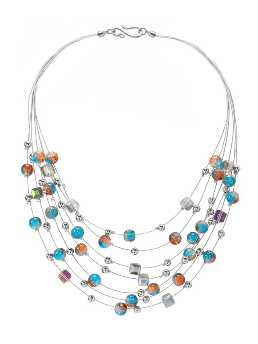 Peora Multicolor Cascade Necklace Set - Silver