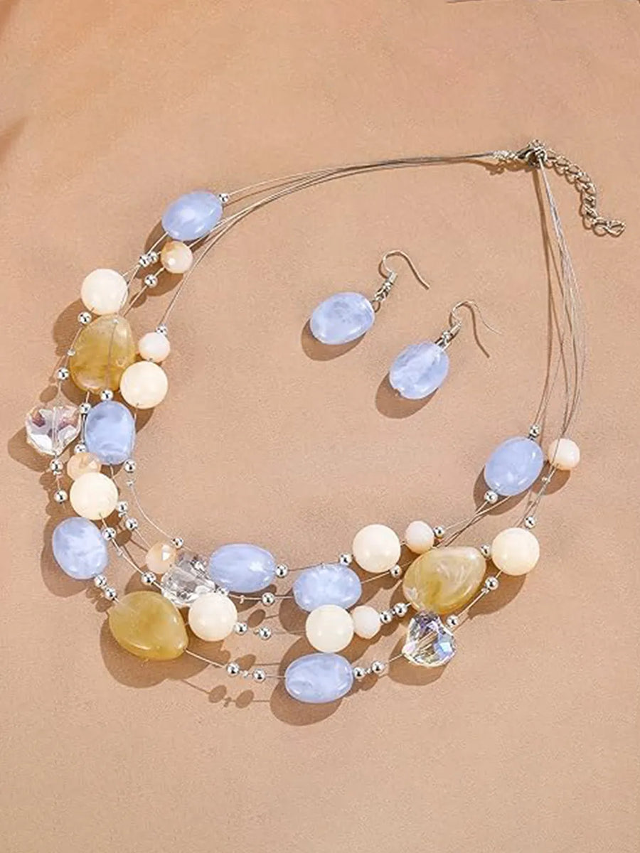 Peora Ocean Mist Bead Necklace Set - Silver
