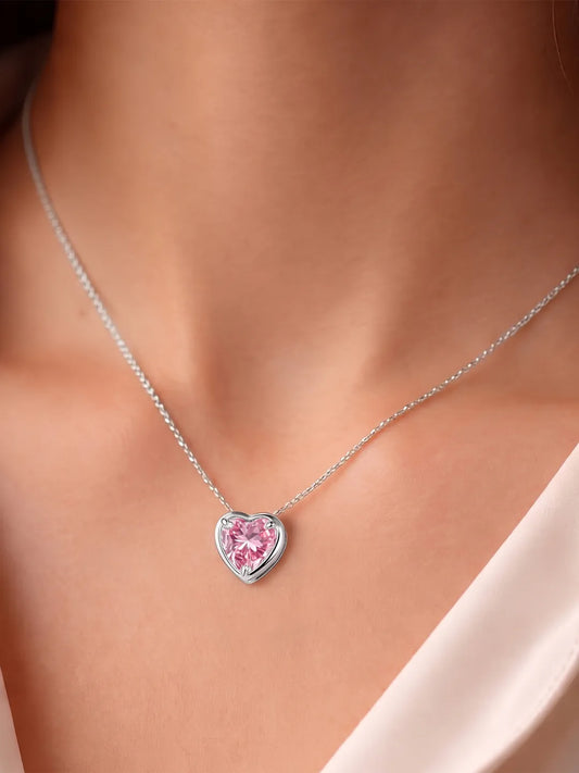 Peora Heart CZ Celeste Pink Pendant - Silver