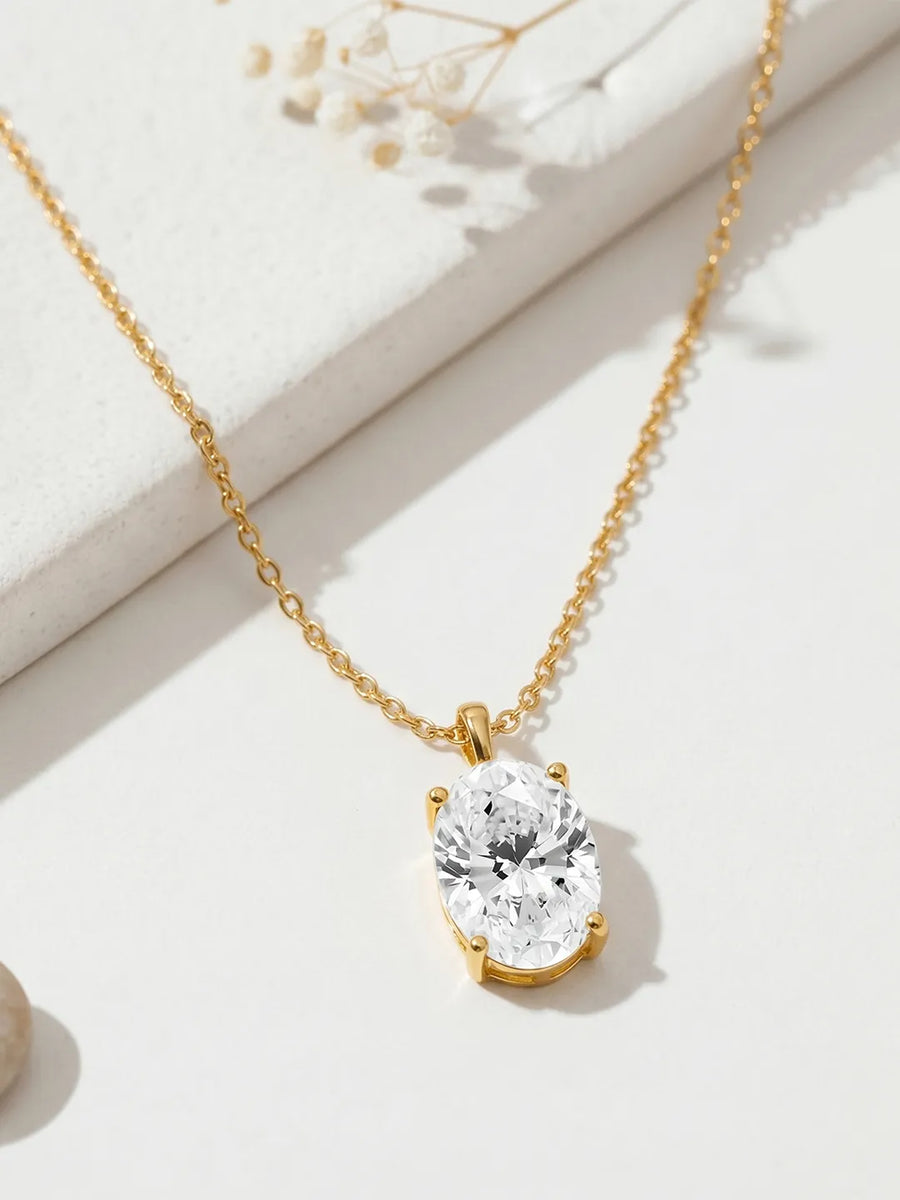 Peora Oval CZ Solitaire Pendant Chain - Gold