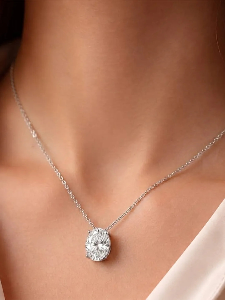 Peora Oval CZ Solitaire Pendant Chain - Silver