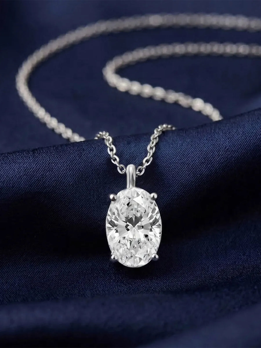 Peora Oval CZ Solitaire Pendant Chain - Silver