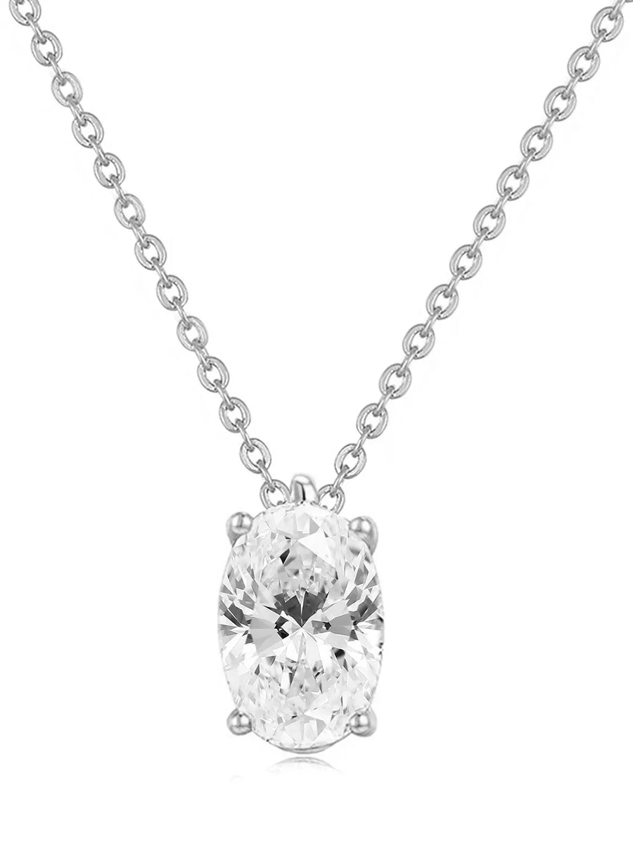 Peora Oval CZ Solitaire Pendant Chain - Silver