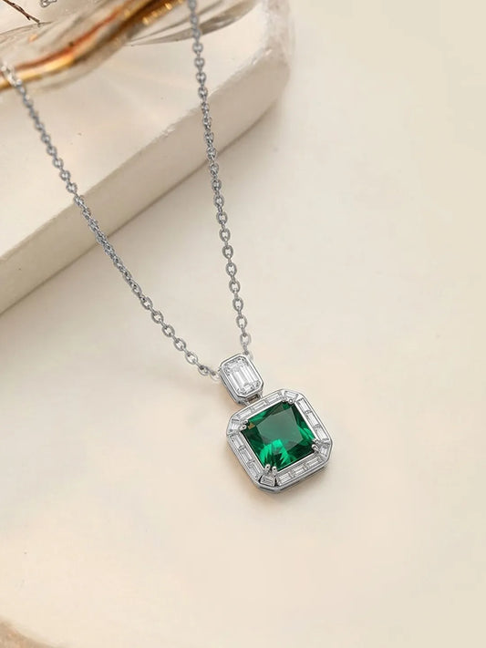 Peora Emerald Gemstone CZ Pendant - Silver
