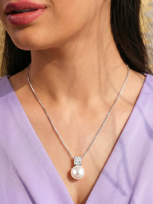 Peora Elegant Pearl Solitaire Pendant - Silver