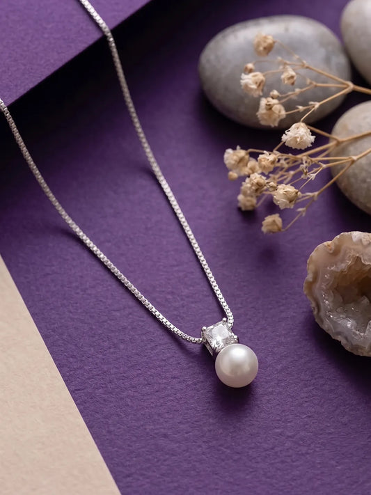 Rhodium Plated Pearl Pendant Necklace