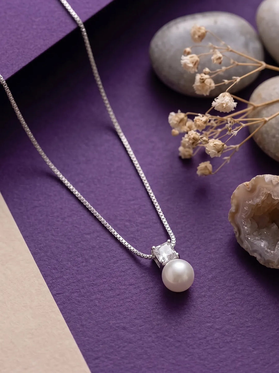 Rhodium Plated Pearl Pendant Necklace