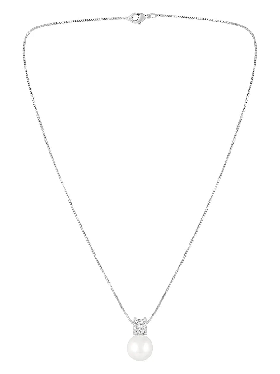 Rhodium Plated Pearl Pendant Necklace