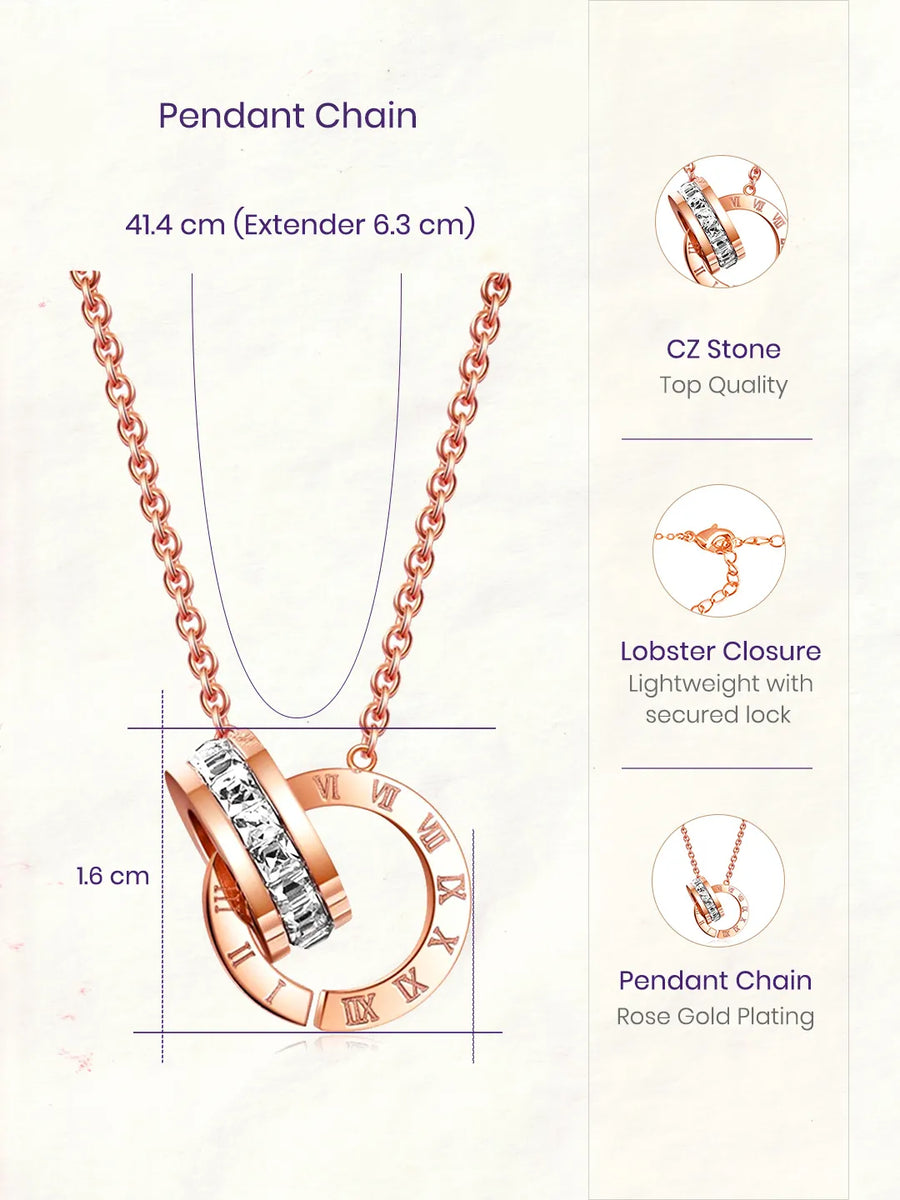 Peora Rose Gold Roman Double Circle Pendant Chain