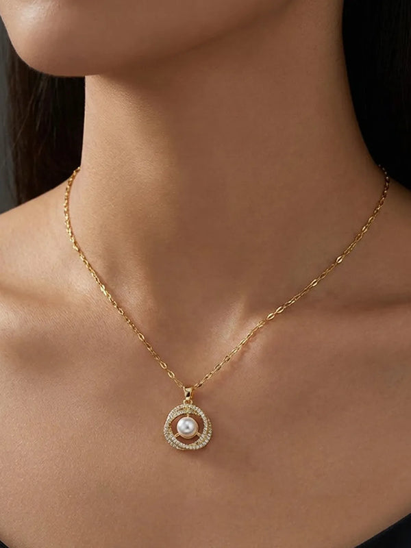 Peora Gold CZ Swirl Pearl Pendant Necklace