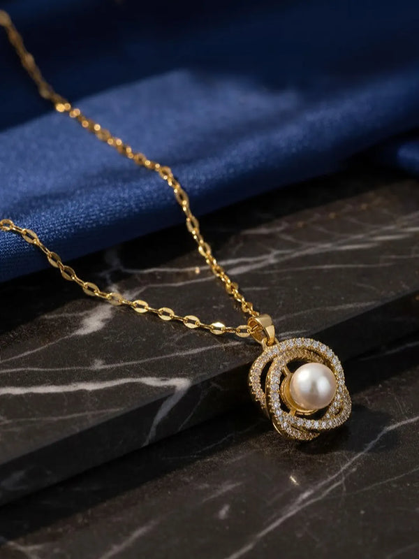 Peora Gold CZ Swirl Pearl Pendant Necklace
