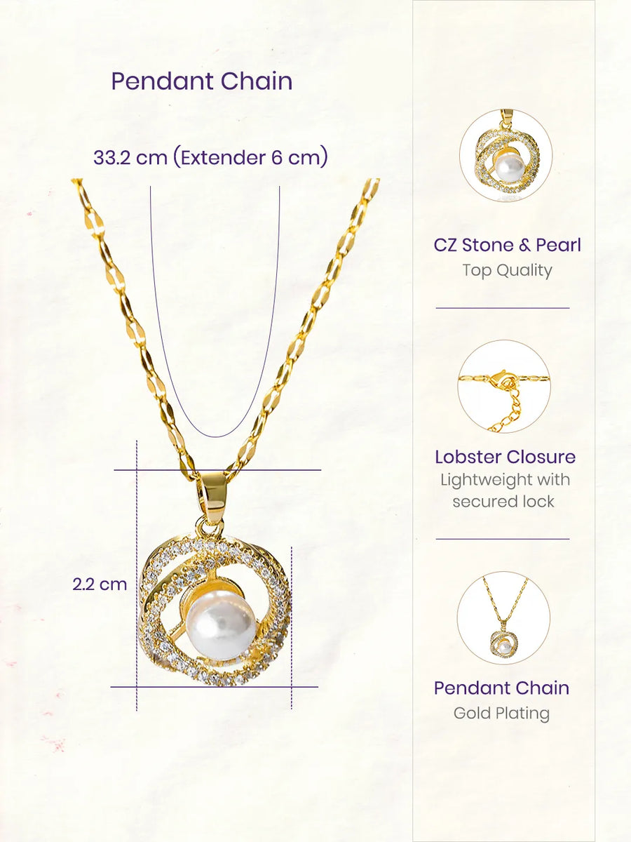 Peora Gold CZ Swirl Pearl Pendant Necklace