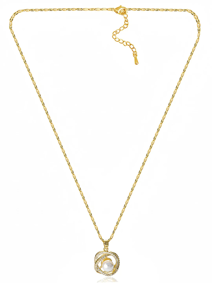 Peora Gold CZ Swirl Pearl Pendant Necklace