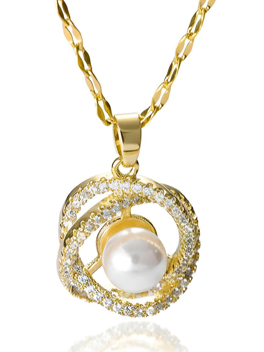 Peora Gold CZ Swirl Pearl Pendant Necklace