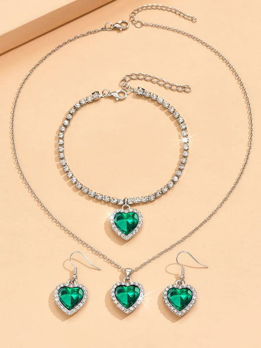 Twilight Heart Sparkle Necklace Set - Silver Green