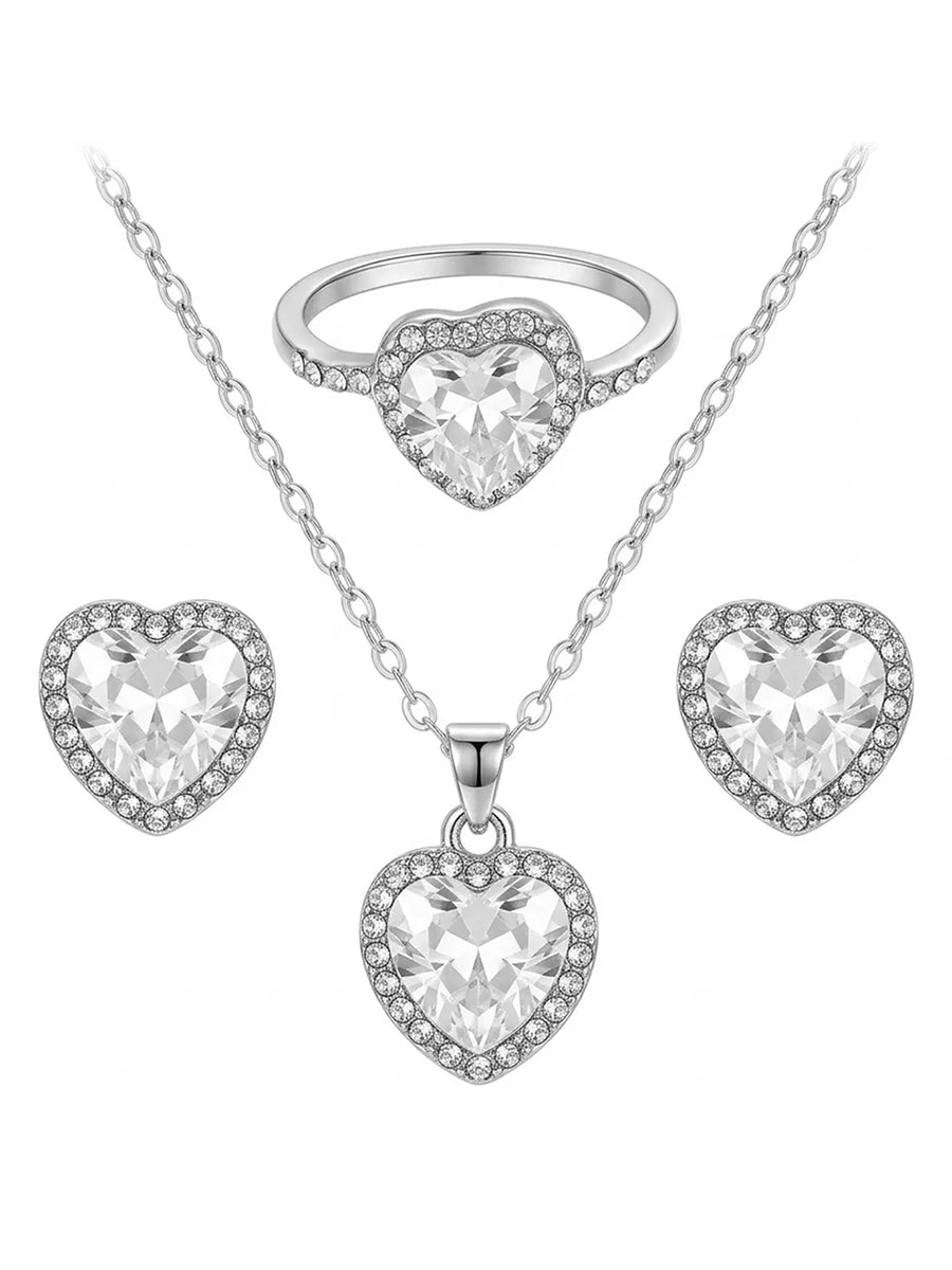 Peora Halo Heart Pendant Set - Silver