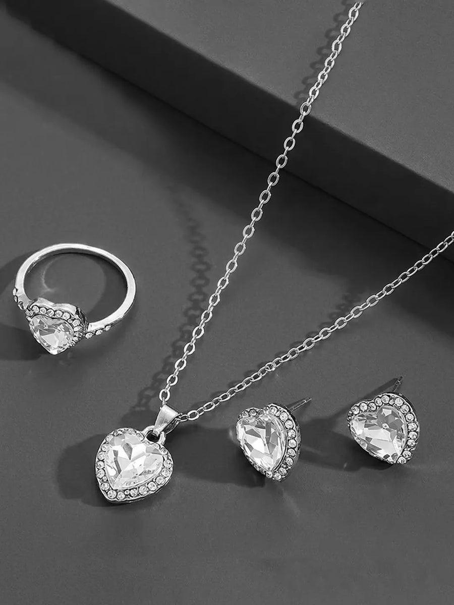 Peora Halo Heart Pendant Set - Silver