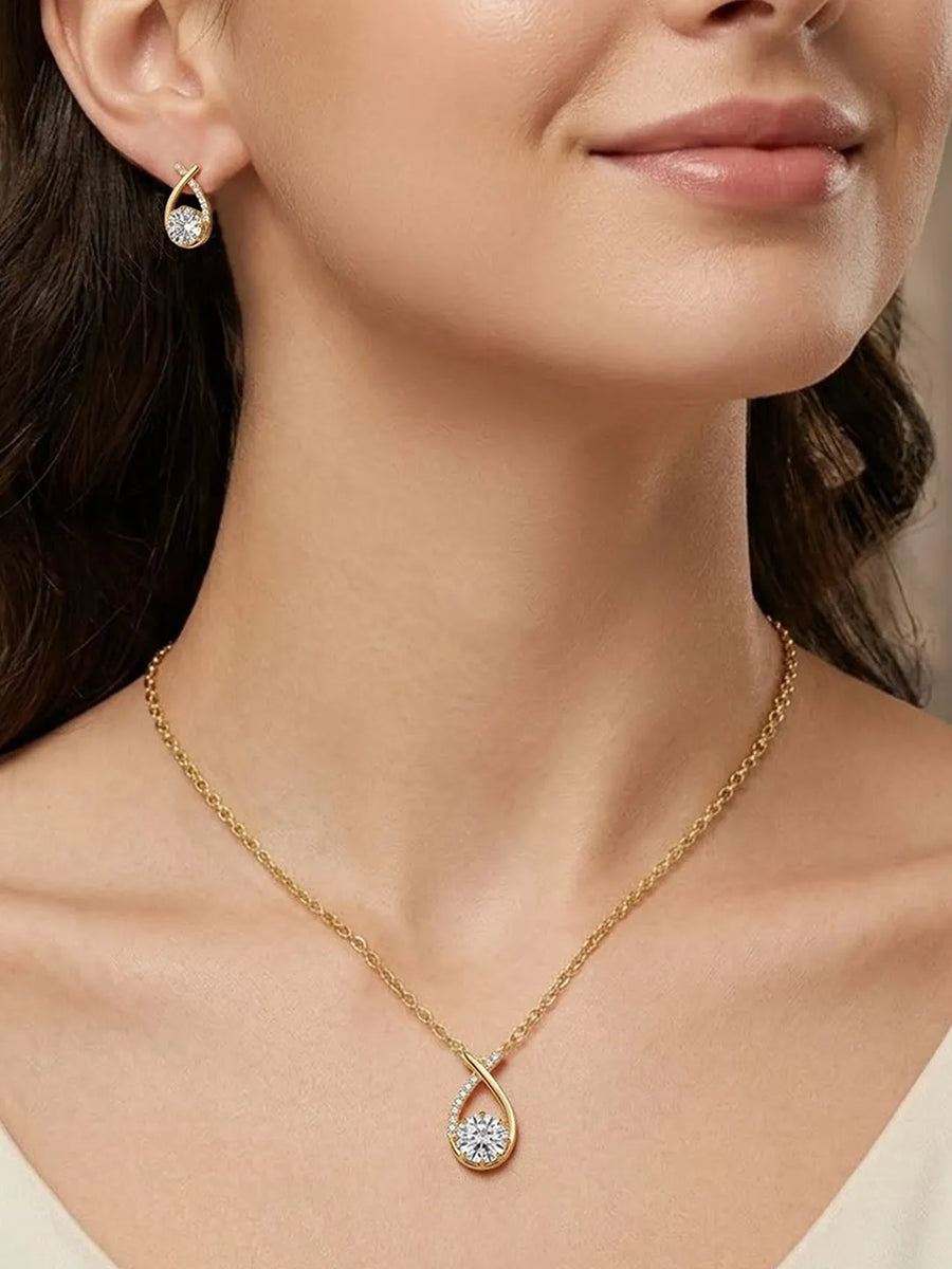 Peora Twisted Teardrop CZ Pendant  Set - Gold