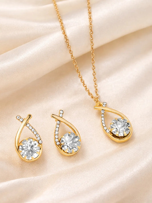 Peora Twisted Teardrop CZ Pendant  Set - Gold