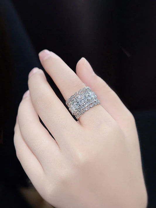 Peora Dazzling Silver Wide Band CZ Statement Ring