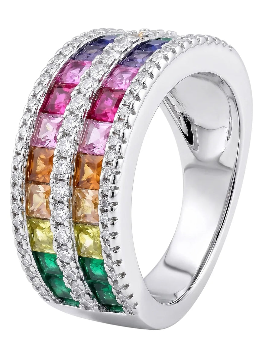 Peora Rainbow Two Row CZ Ring - Silver