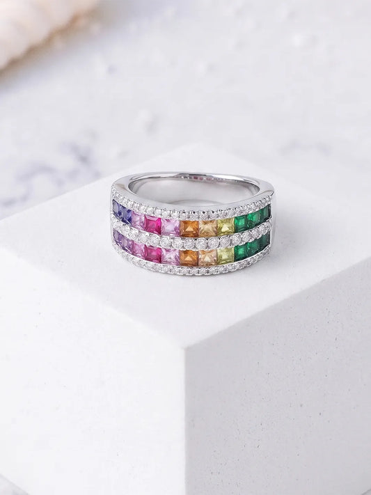 Peora Rainbow Two Row CZ Ring - Silver