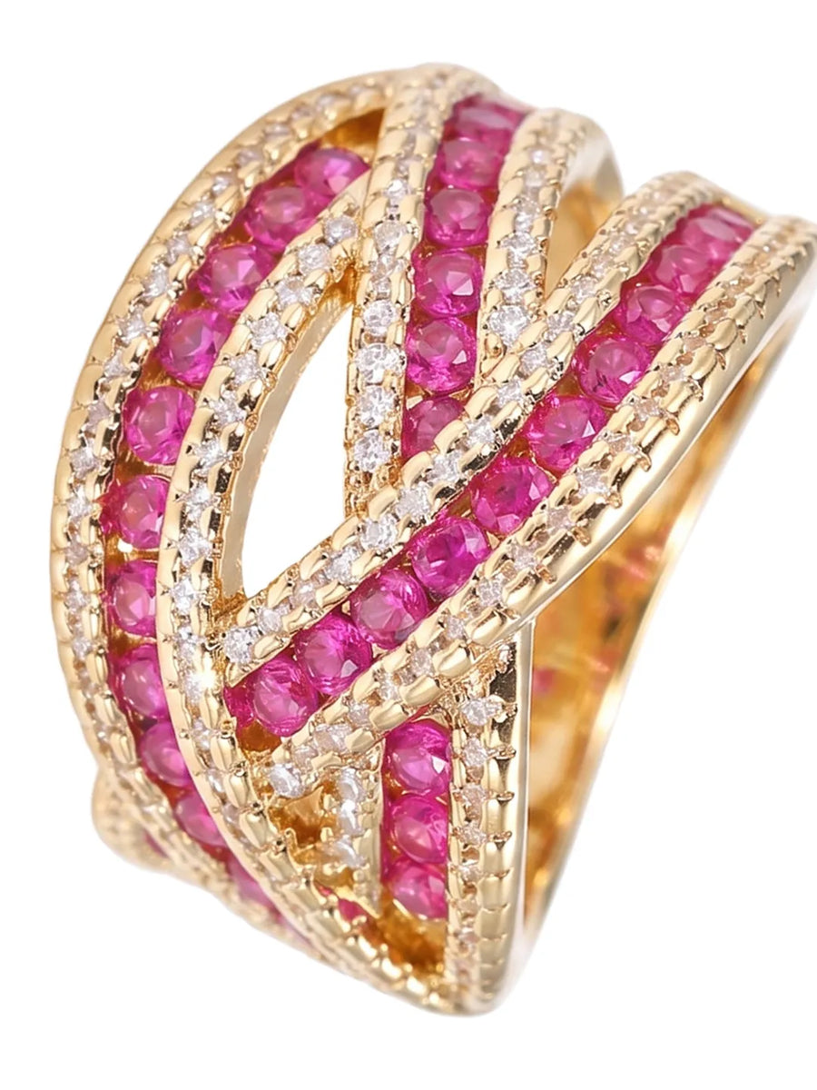 Peora Pink CZ Crossover Glam Statement Ring - Gold