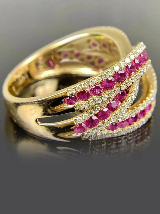 Peora Pink CZ Crossover Glam Statement Ring - Gold