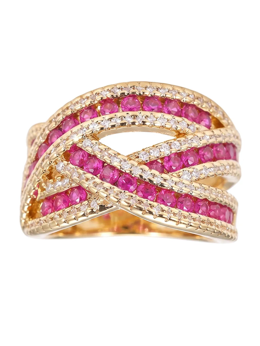Peora Pink CZ Crossover Glam Statement Ring - Gold