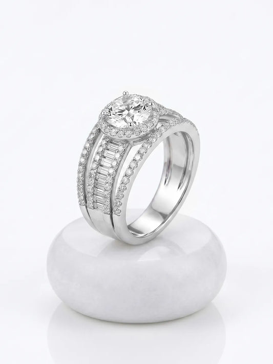 Silver Baguette Halo Statement Ring - Silver