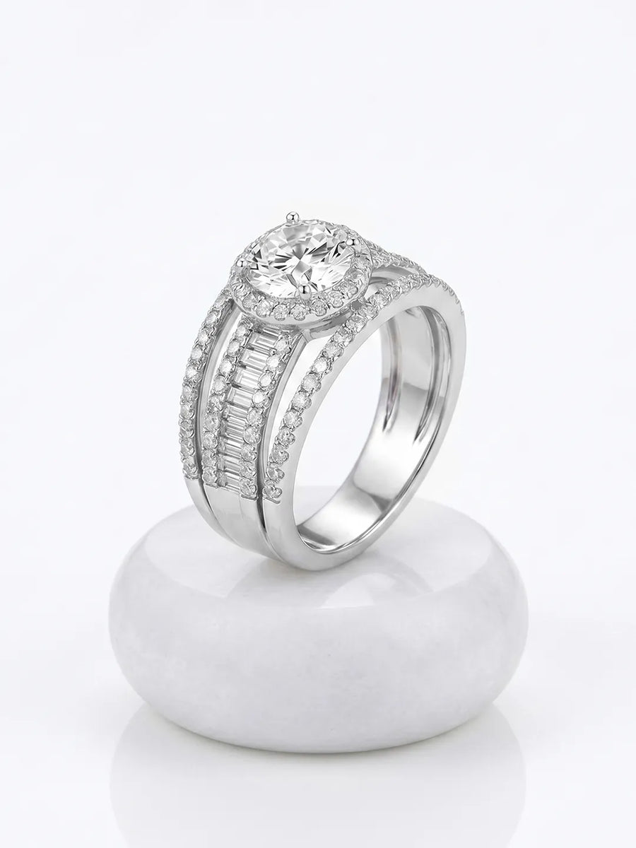 Silver Baguette Halo Statement Ring - Silver