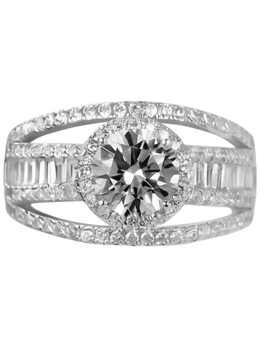 Silver Baguette Halo Statement Ring - Silver