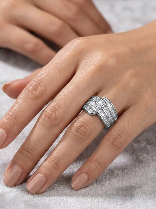 Peora Baguette Layered CZ Statement Ring - Silver