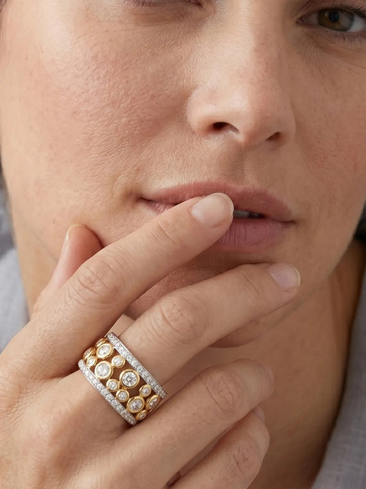 Peora Two Tone Bezel CZ Statement Ring - Silver