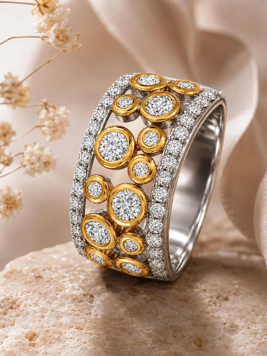 Peora Two Tone Bezel CZ Statement Ring - Silver