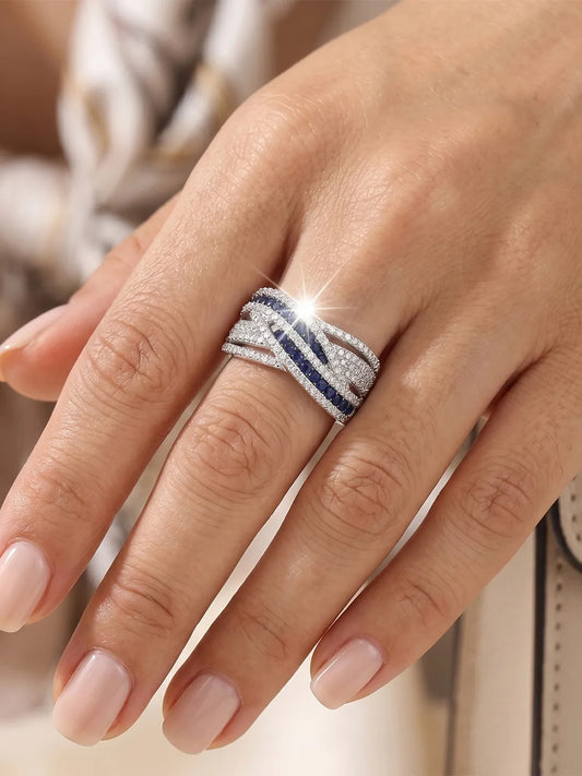 Peora Blue CZ Crossover Statement Ring - Silver