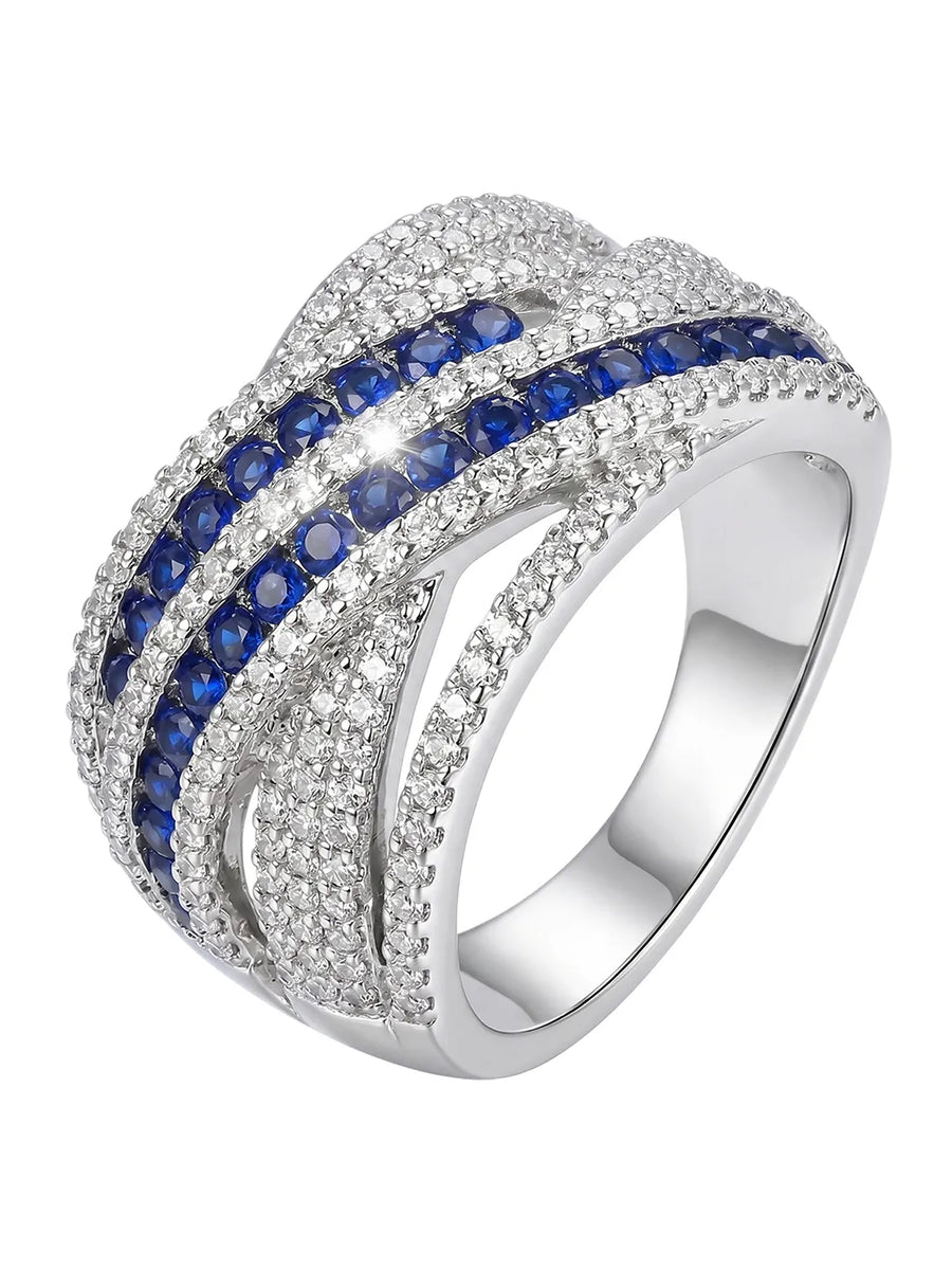 Peora Blue CZ Crossover Statement Ring - Silver